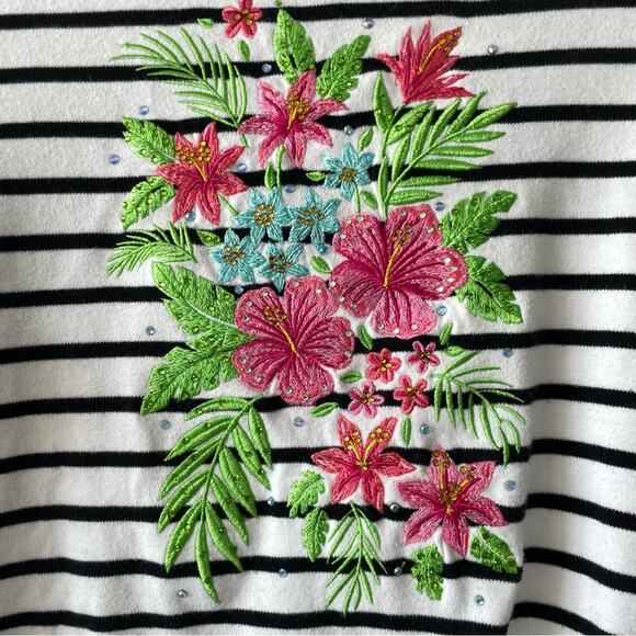 Quacker Factory Striped Floral Embroidered Top | White and Black Stripes | Small - Picture 4 of 5